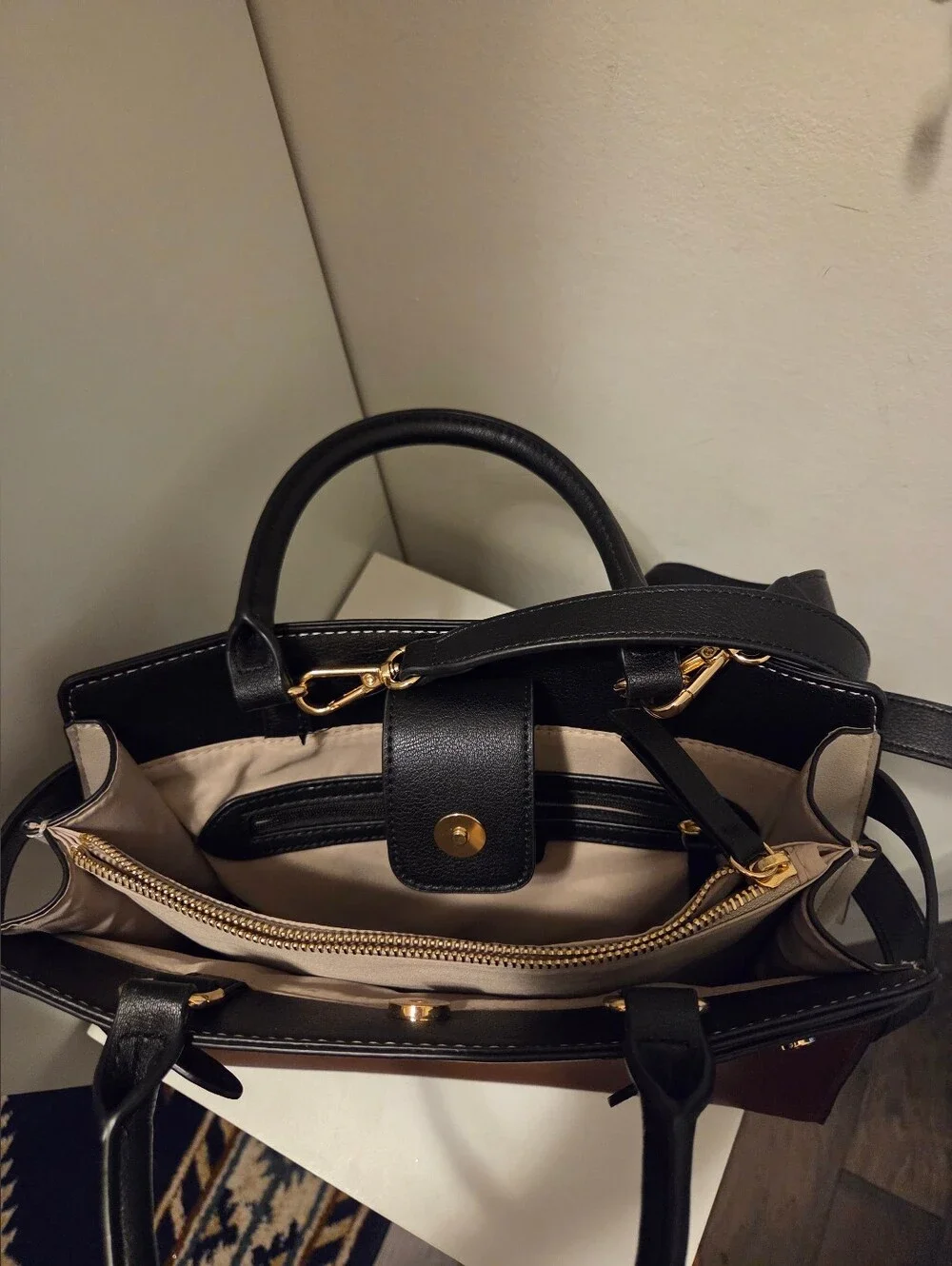 Nine West Brown, Cream & Black Structured Leather Handbag